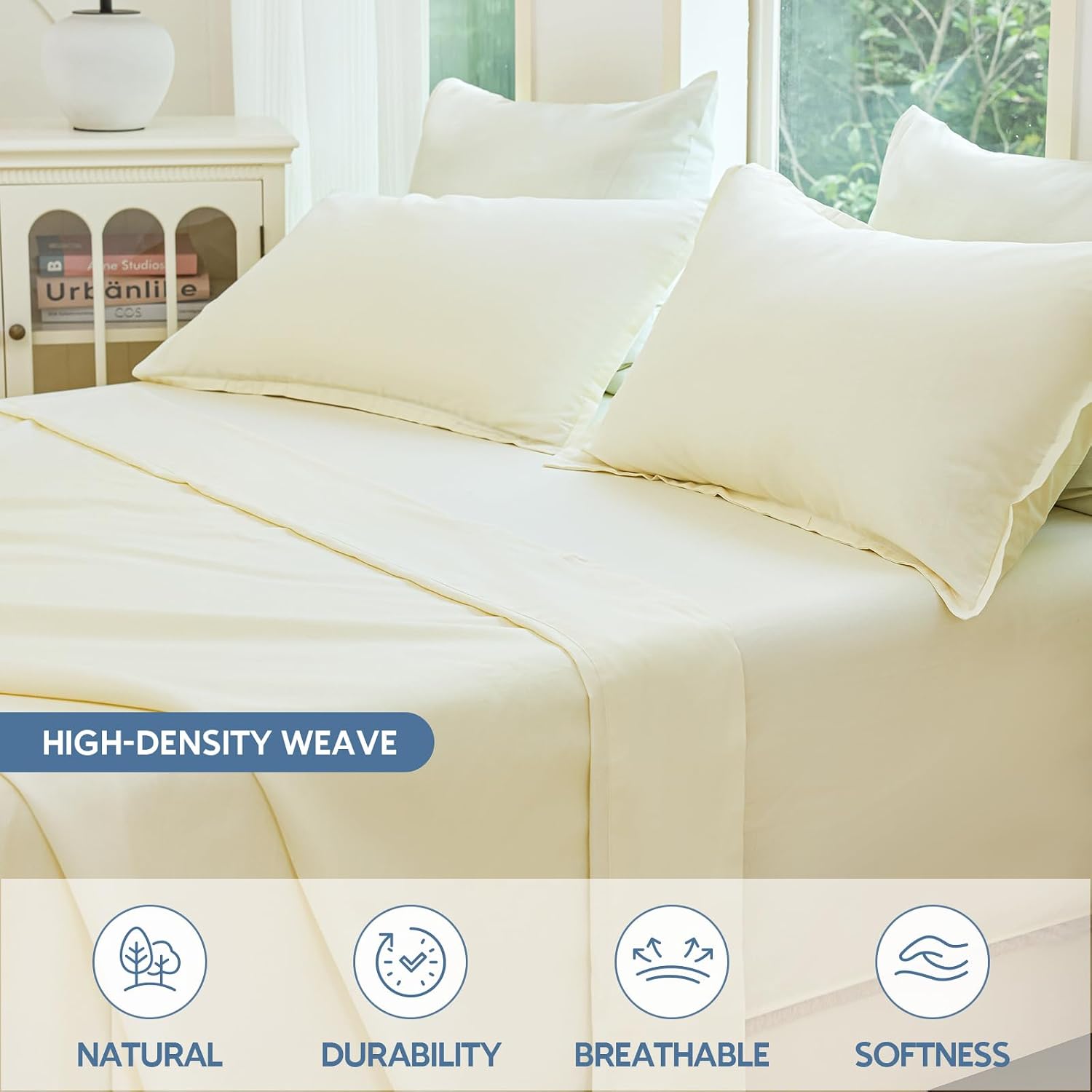 Solid Beige Cotton Bed Sheet Set - King Size- Lyocell Blend Cooling Breathable Bed Sheet for Hot Sleepers, Hypoallergenic, 16-inch deep Pocket,All-Season,4 Pieces