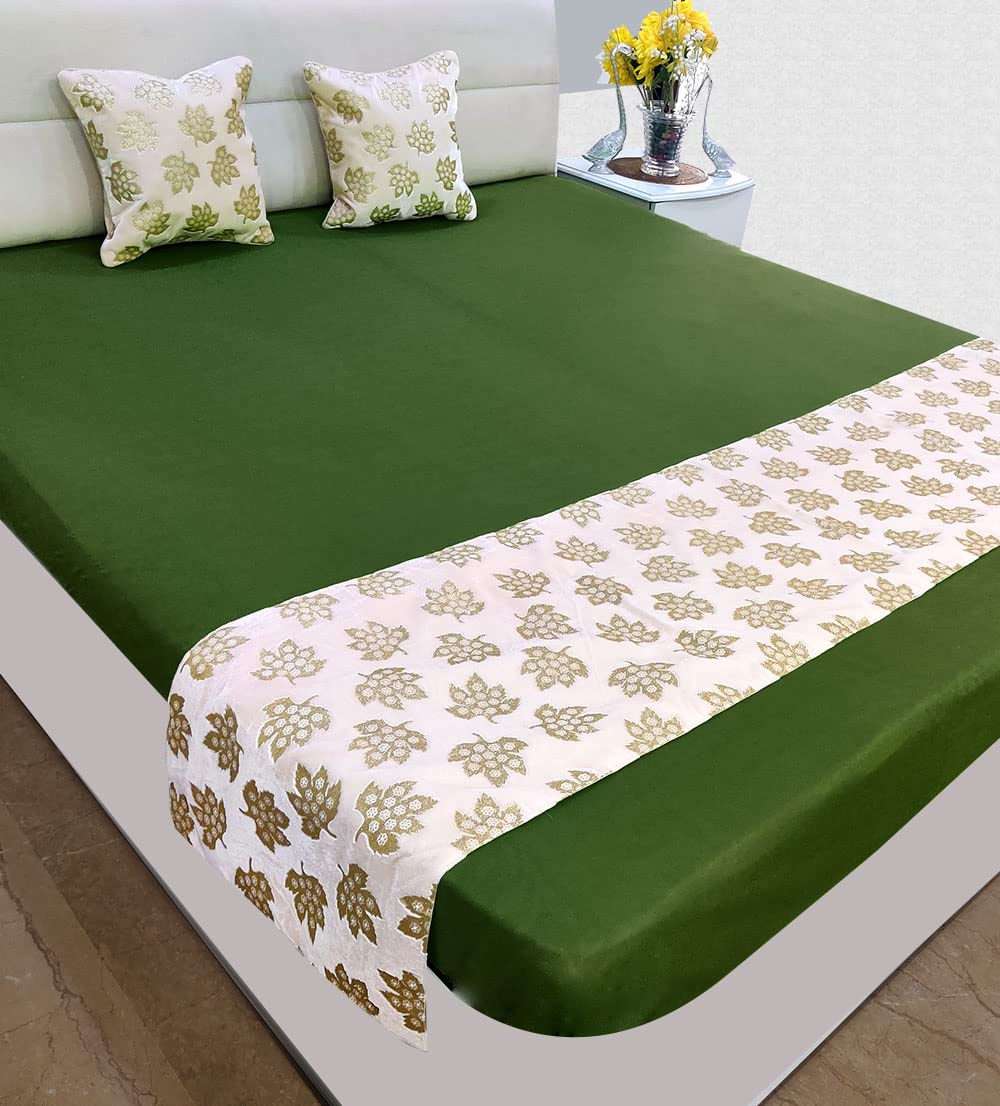 Bed Runner with 2 Cushion Cover Decorative Velvet Scarf for Bedroom Hotel Wedding Home Living Room 18x86 in, 16x16 in. (Ivory- Gold)-image-49