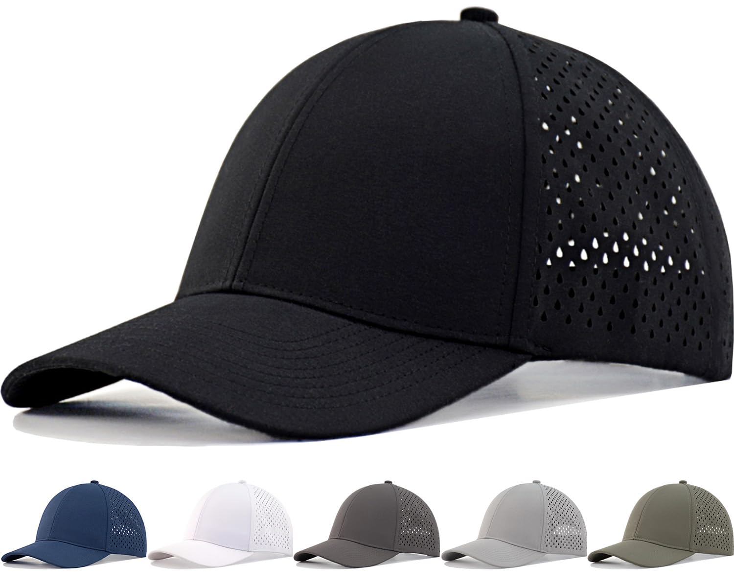 Gorra de béisbol ajustable para hombre (M, L, XL, XXL), resistente al agua, corte láser, gorra de malla Snapback, Negro -, M - L