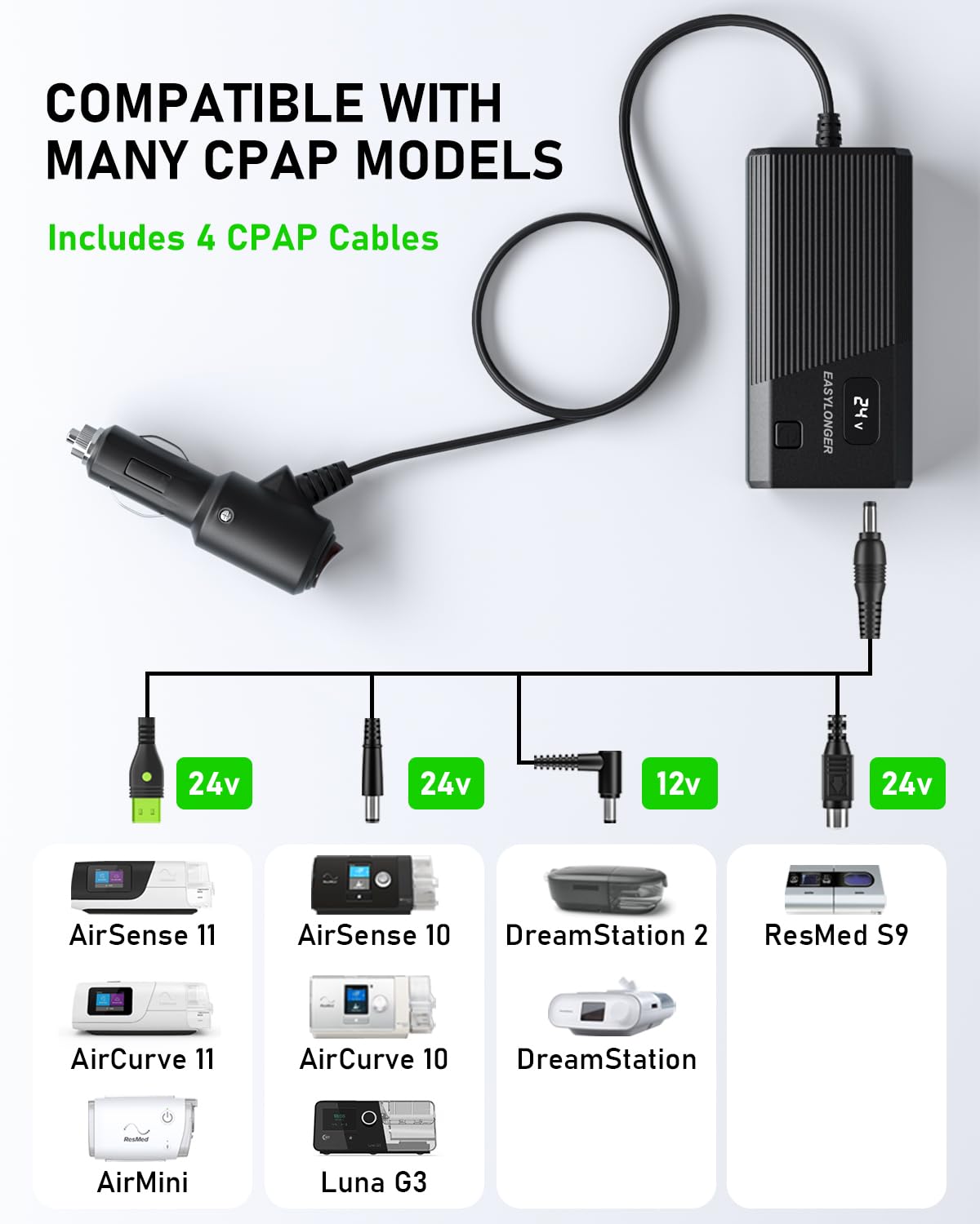 EASYLONGER Car Adapter for CPAP, DC 12/24V Converter CPAP Power Cord, 84W Car Charger with 4 DC CPAP Cables for ResMed S9/ AirSense 10/ AirCurve 10/ AirMini/AirSense 11/ Philips Dreamstation etc