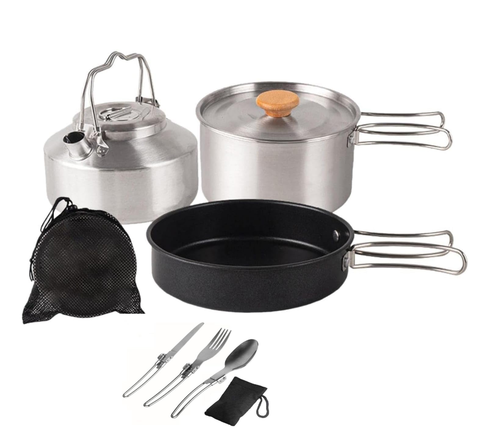 Camping Cooking Set with Spoon Set, Camping Cookware Set,304 Stainless Steel Camping Pots and Pans Set, Includes Pot Nonstick Frying Pan Kettle in Mesh Bag for Hiking-image-7