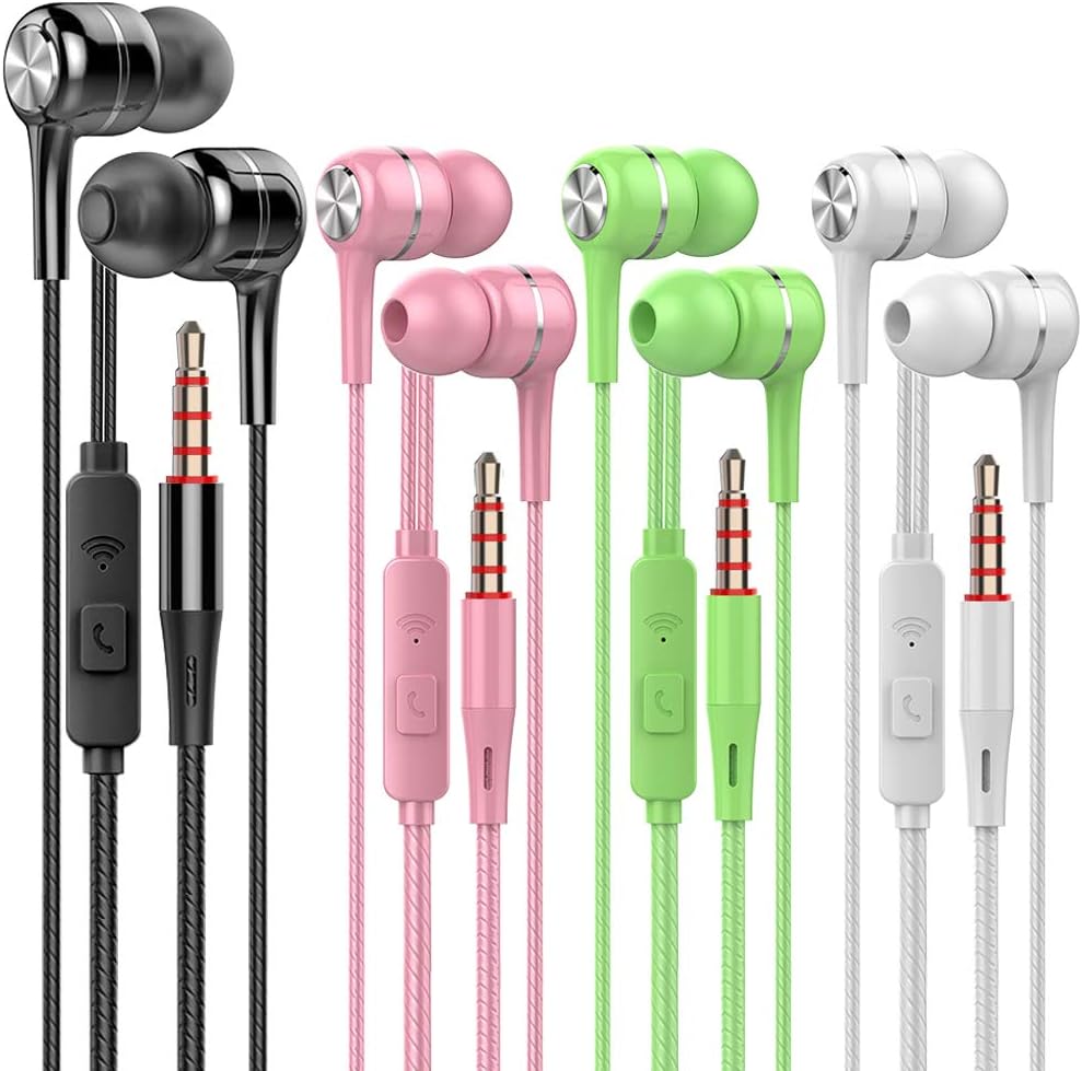 4 Pakcs Wired Earbuds with Microphone, in-Ear Earphones for School, Deep Bass Clear Sound, Noise Isolating, Fits 3.5mm Jack iPhone iPad Samsung Google Devices (Black White Pink Green)