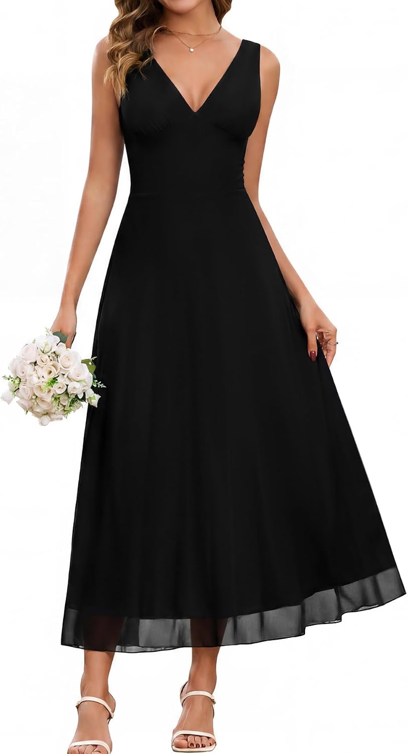EYNMIN Women's Flowy V Neck Maxi Long Formal Wedding Guest Cocktail Dresses