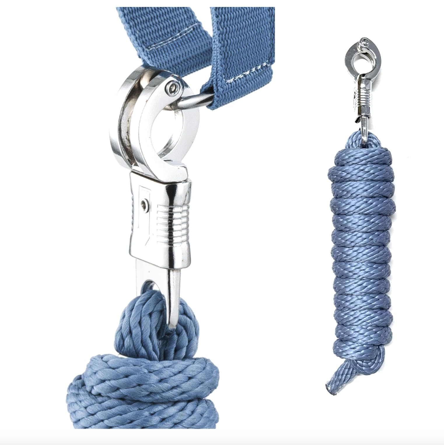 Licol en fourrure synthétique - Avec crochet de panique réglable - Licol de cheval en bois - Corde de fixation (fourrure synthétique, crochet de panique, bleu, cob)