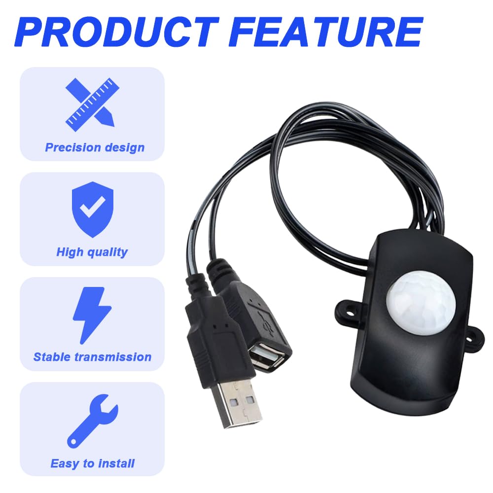 USB 5V DC12-24V 2A Mini Pir Motion Sensor Switch, Infrared Activated LED Switch Controller LED Motion Sensor Switch for Wall Lamps, with USB Bare Wires, Screwdriver (2 Pack)