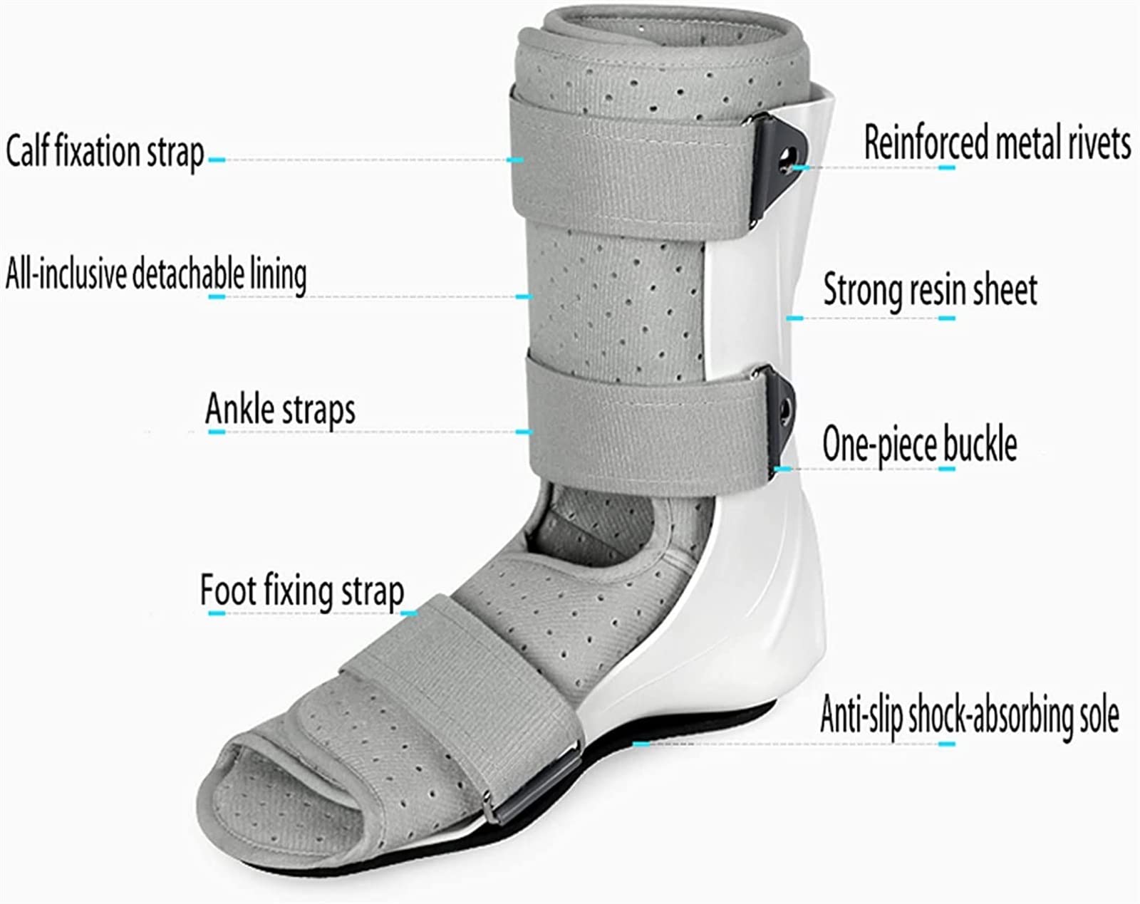 Soporte para espinillas, Bota ortopédica para el pie, Ajustable, con Suela Antideslizante, Soporte para la articulación del Tobillo, Cierre de Velcro, Transpirable, Forro extraíb