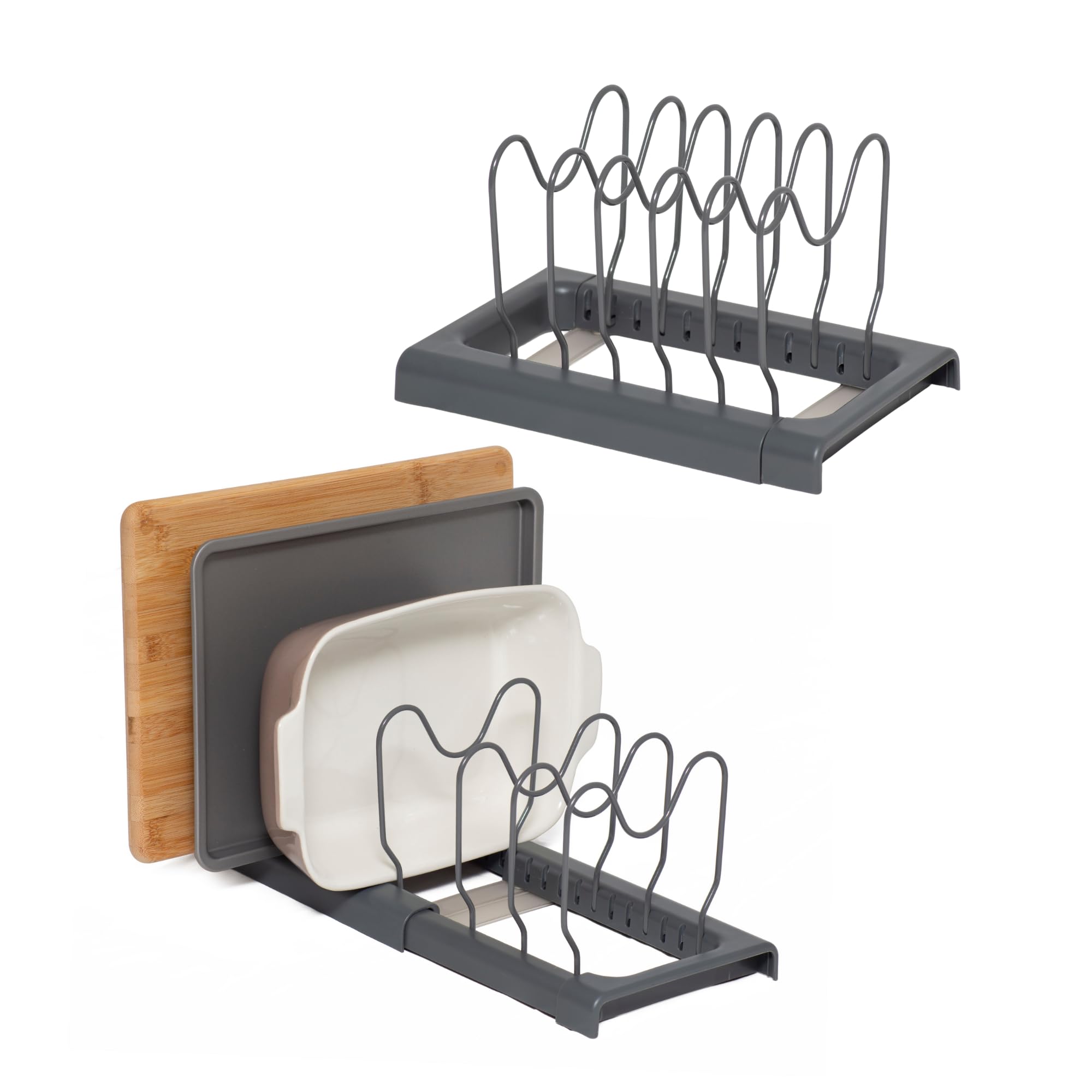 simplywire - Expandable Baking Tray and Chopping Board Rack - Pack of 2 - Pan Lid Storage - Kitchen Cupboard Organiser - Grey