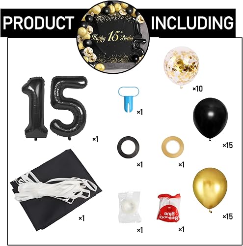 Miniatura 3 de Globos de feliz cumpleaños número 15 negro decoración del juego de guirnaldas temáticas de fiesta de 15 años decoración de fondo para niños y niñas