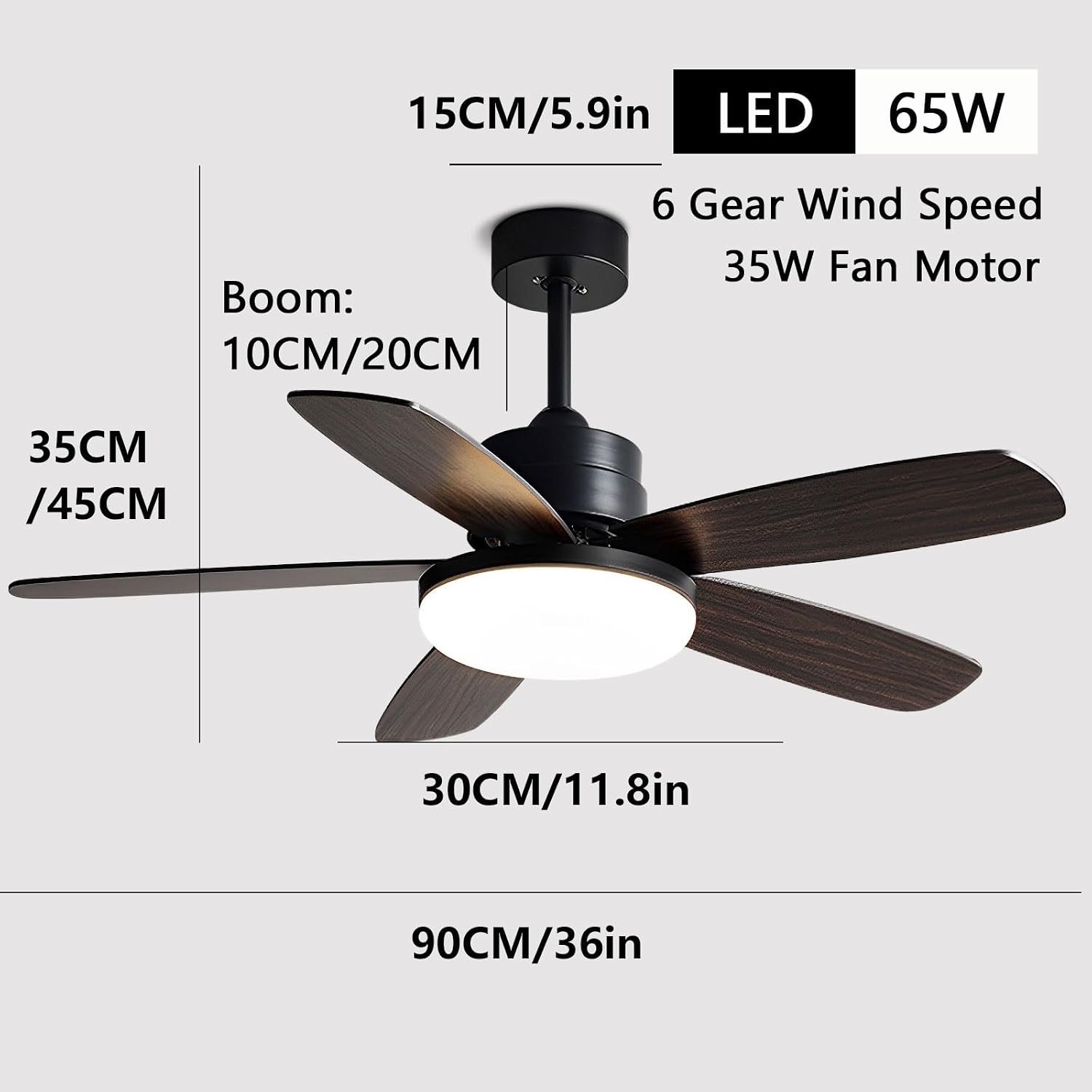 Remote 6 Speeds Ceiling Fan with Light 65W LED Dimmable Ceiling Fan Lighting Indoor Quiet Ceiling Fan for Dining Room Restaurant Bedroom Living Room Ceiling Fan Light 5 Plywood Blades