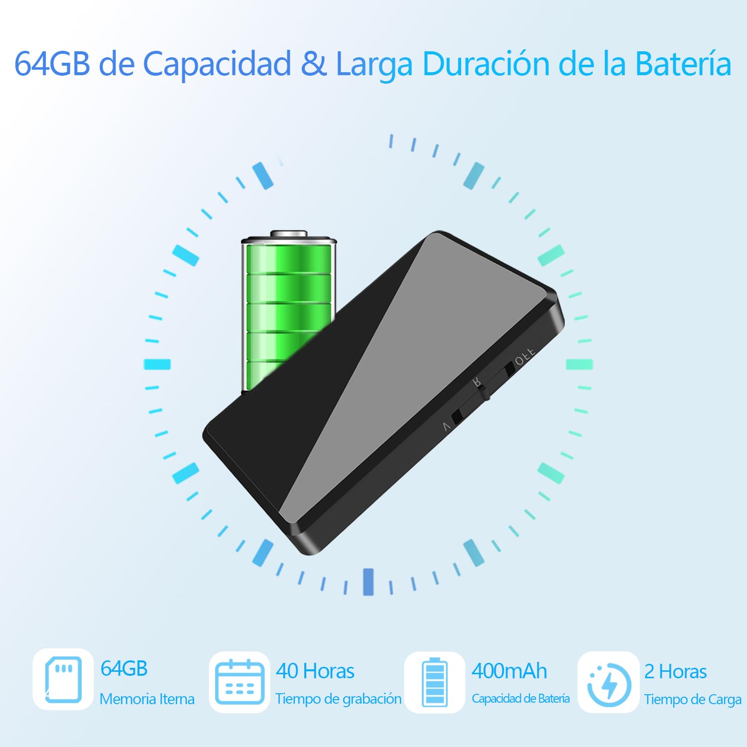 Grabadora de Voz Mini de 64 GB - Grabadora de Voz con Activación Vocal, Grabadora de Audio con Auriculares, Grabadora Espía Recargable USB, para Coche, Reunión, Clase