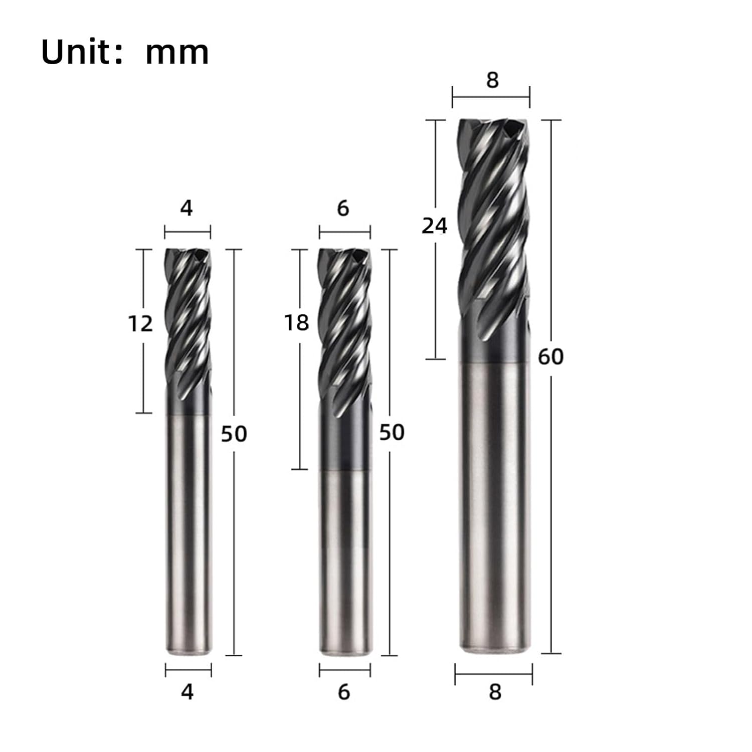 4mm 6mm 8mm Carbide Square End Mill - 4 Flutes for Steel Parts and Stainless Steel，Unequal Helix Angle, unequal Segmentation designHRC50 AlTiN Coating