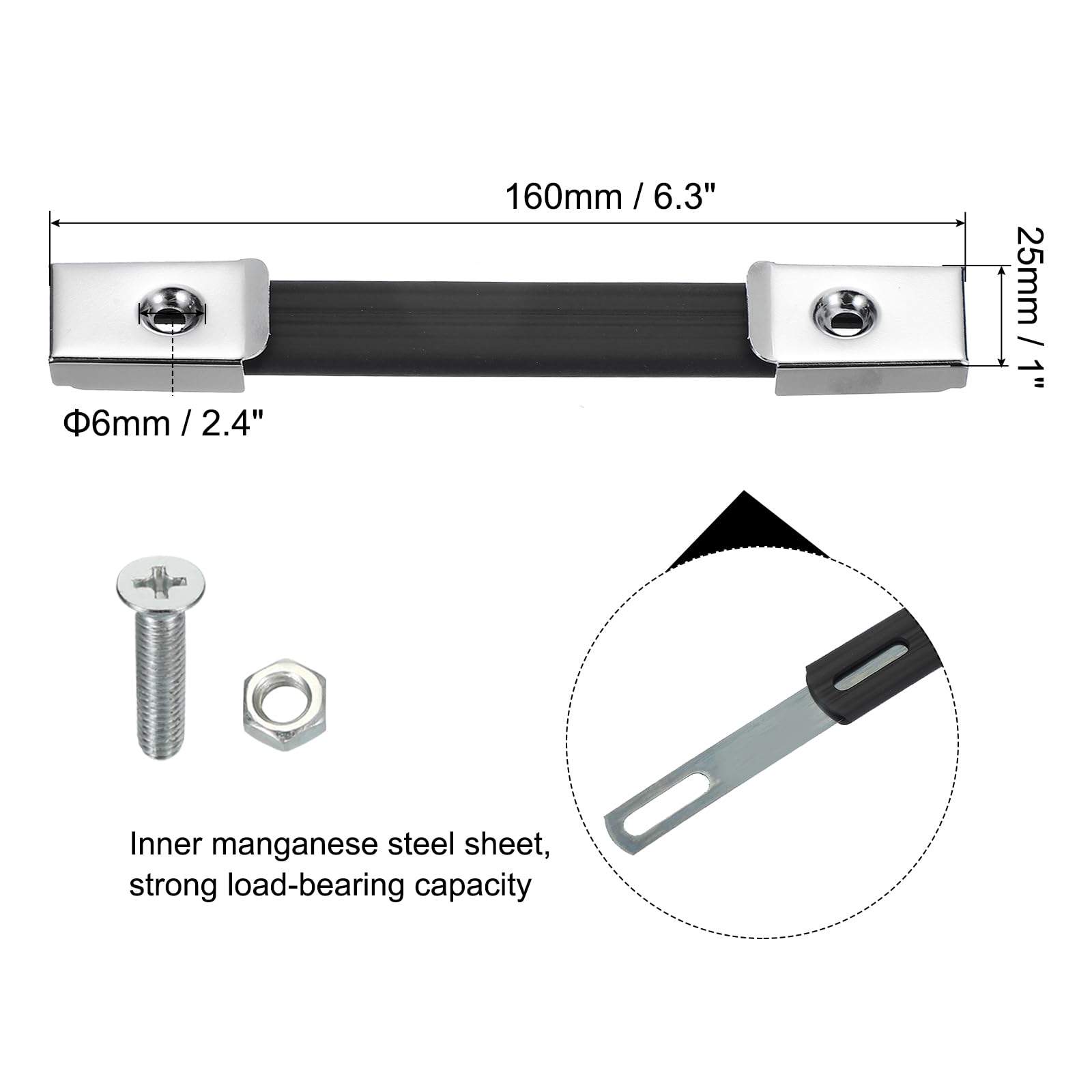 PATIKIL Poignée de Remplacement 6,3 Pouces, 2 Pièces Poignée de Sangle en Caoutchouc pour Enceintes d'Amplificateurs avec Embouts Métalliques et Accessoires de Fixation, Ton Argent
