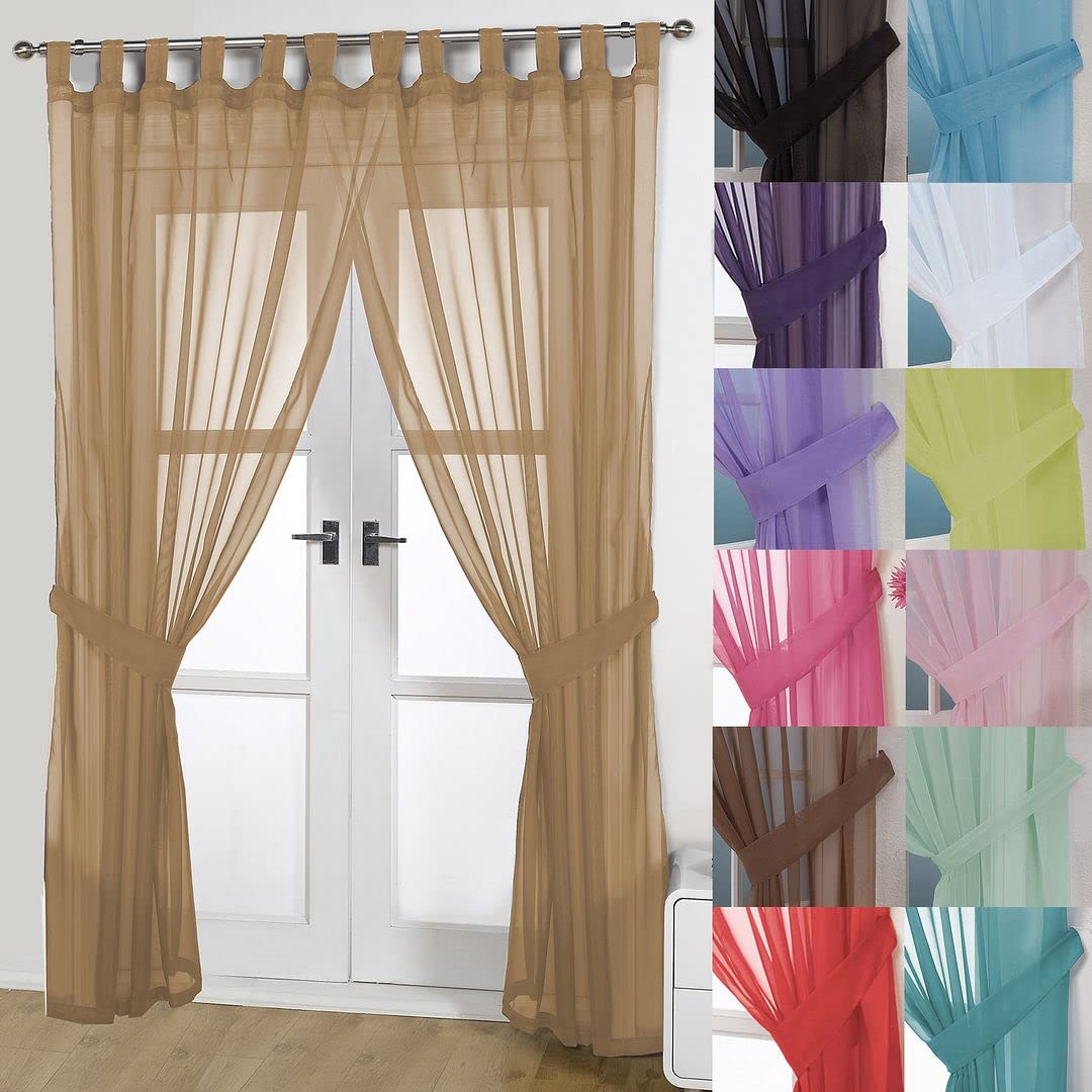 John Aird Pair Of Woven Voile Tab Top Curtain Panels. Tiebacks Included (Latte, 58" Wide x 36" Drop) — image 1