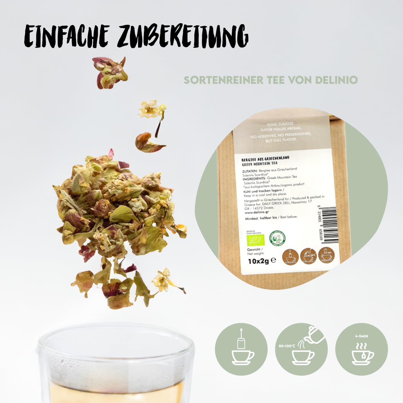 DELINIO Griechischer Bergtee Sideritis Scardica Bio - 10er-Pack (100 Teebeutel, je 2 g) - ergiebig: 1 Beutel bis 1 L - handgeerntet in Griechenland, ohne Zusätze, koffeinfrei - heiß oder als Eistee