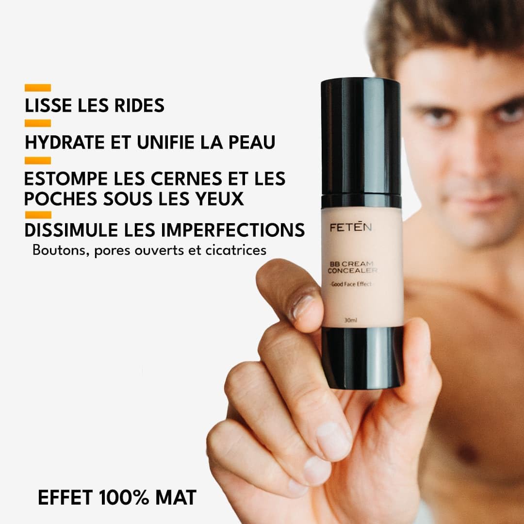 FETEN BB Cream pour le Visage, Correcteur Anti Cernes, Crème Hydratante Teintee avec Protection Solaire, BB Cream Embellisseur Anti Imperfections pour Homme, Crème Anti Age Matifiante
