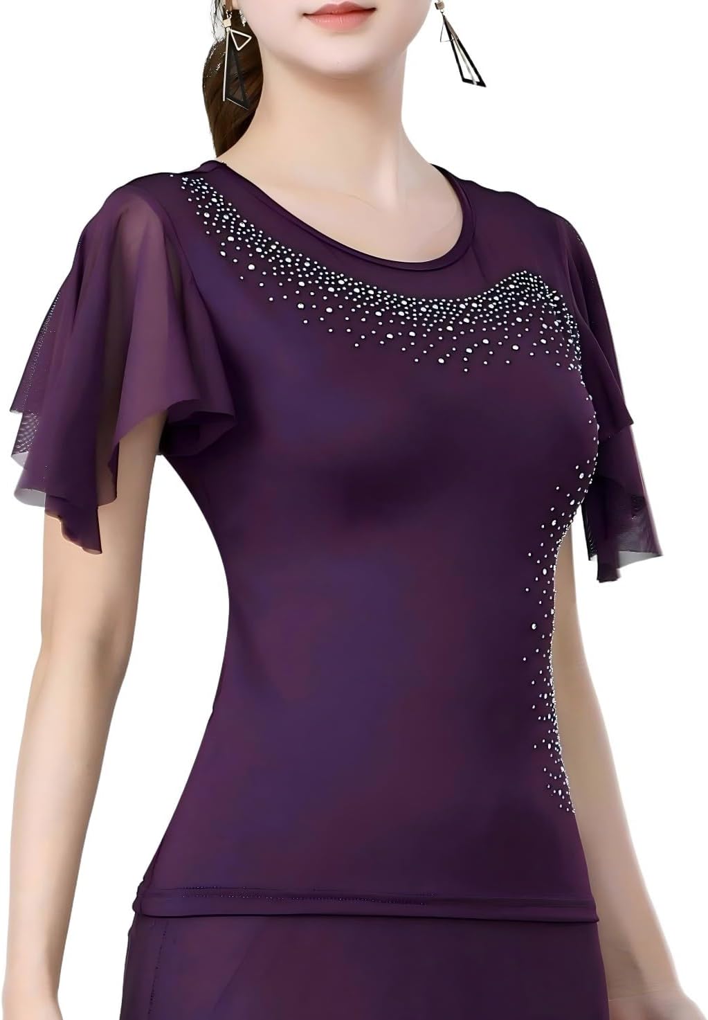 Women's Latin Dance Costume with Rhinestone Flared Sleeves, Stage Performance Ballroom Dancing Tops