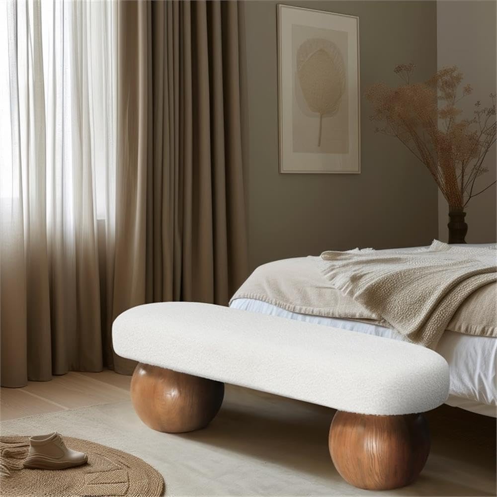 Pemberly Row Contemporary Boucle Fabric Bench, 59.5" W x 18" D x 17" H, Rich Cream Upholstery, Solid Ash Wood Walnut Ball Legs, Art Deco Design Accent Seating for Living Room or Bedroom