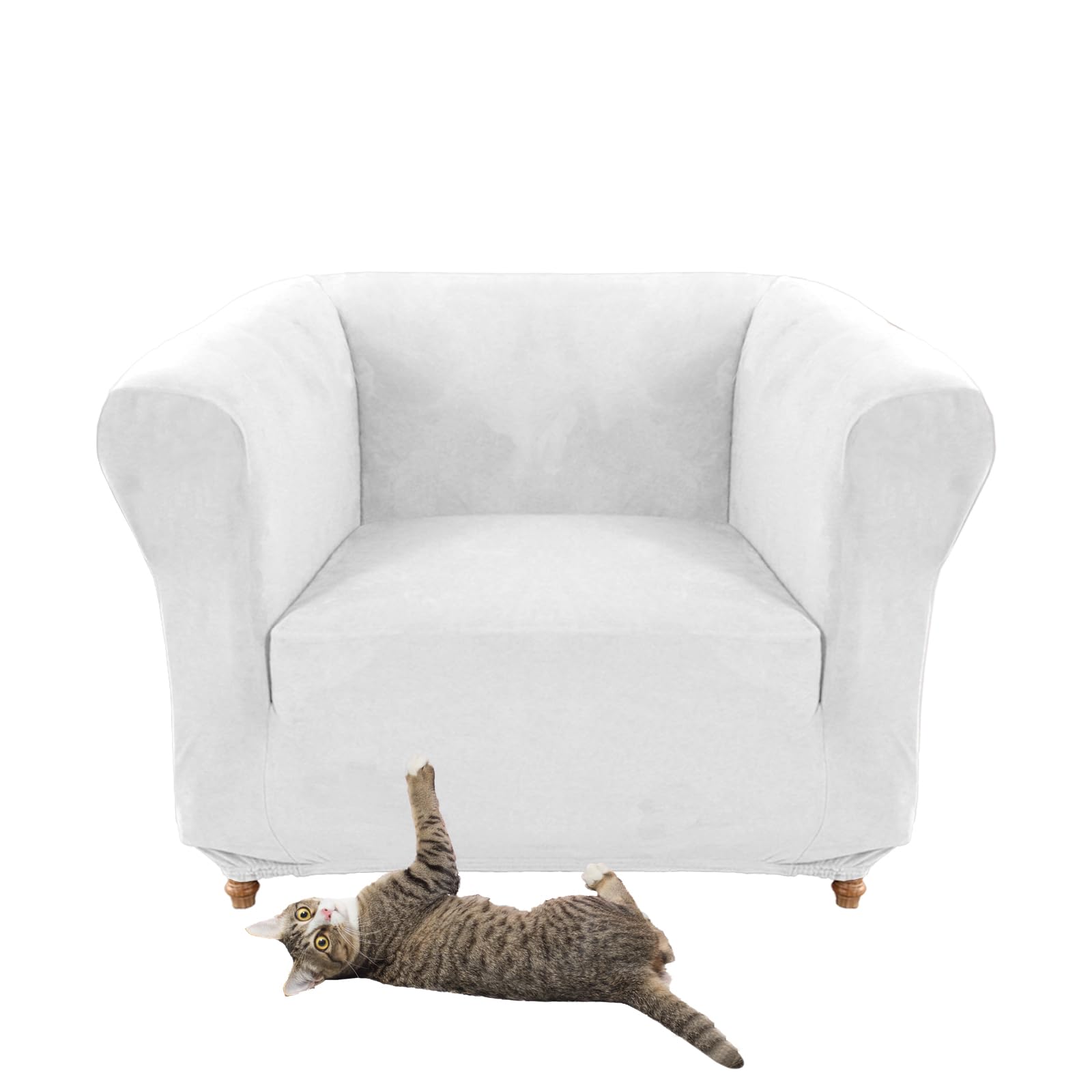 Stretch Velvet Chesterfield Sofa Cover with Seat Cushion for Curved Chaise Armchair Vintage Style (White Chair)