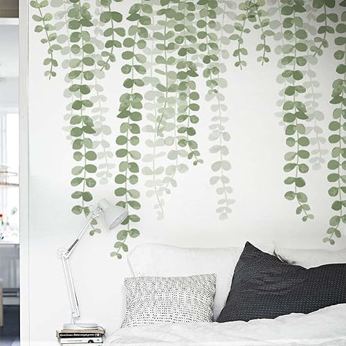 Calcomanías colgantes de pared de vid verde, cadena de perlas, decoración de pared de plantas, calcomanías para despegar y pegar para dormitorio,