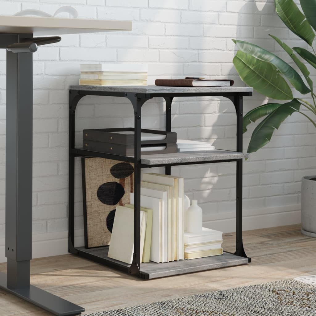 Soporte para impresora 3 estantes gris Sonoma 43 x 48 x 64 cm de material de madera con marco de acero, estantería para impresora con ruedas (2 bloqueables), organizador multifuncional para