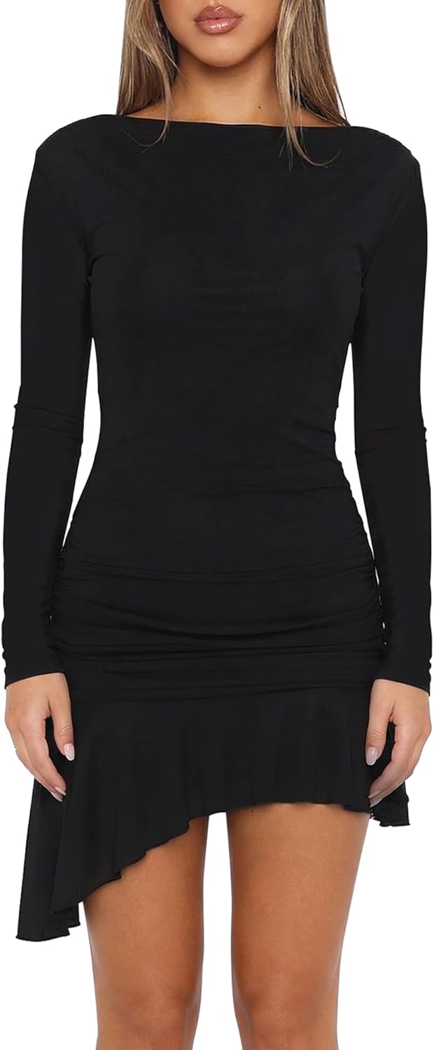 Mokoru Women's Sexy Bodycon Long Sleeve Mini Dress Boat Neck Ruffle Hem Club Party Short Dresses