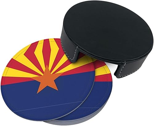 Miniatura 4 de Drink Coasters Set of 6, Arizona Flag Printed PU Leather Round Coaster with Holder for Outdoor, Office, Bar, Funny Heat-Resistant Home Desk Decor
