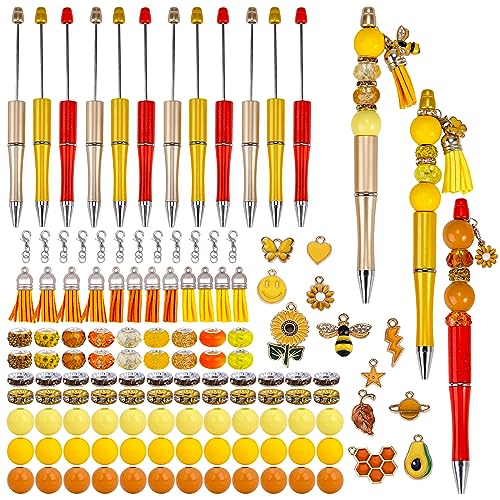 WEWAYSMILE 12 Pcs Beadable Pens with Assorted Bead Colorful Pendant DIY Craft Kits - Black Ink Bead Pens for Office, School, Gift Supply (Yellow)