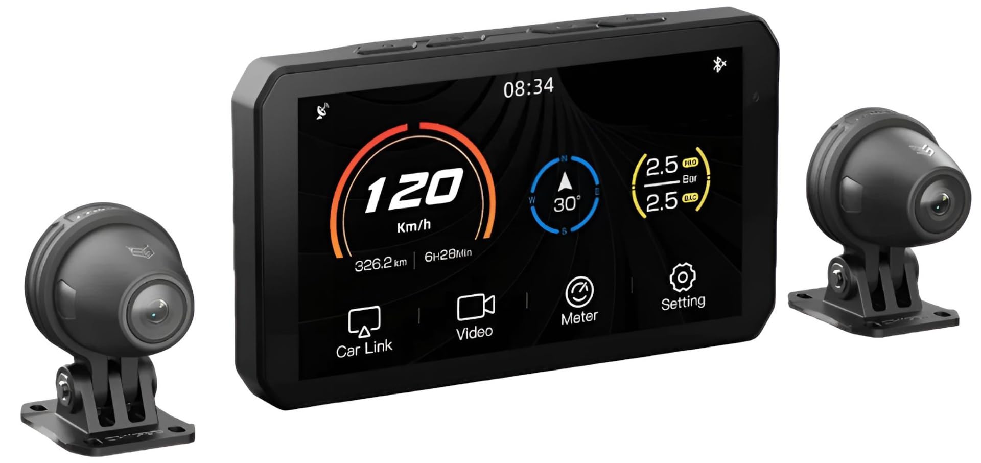 AIO-5Lite Motorcycle GPS Safety & Navigation System - 2 x 150° Dash Camera - 5" Quality LCD Screen - 5G Wi-Fi Bluetooth 24H Parking Mode -Voice Control Compatible with Carplay Android Auto