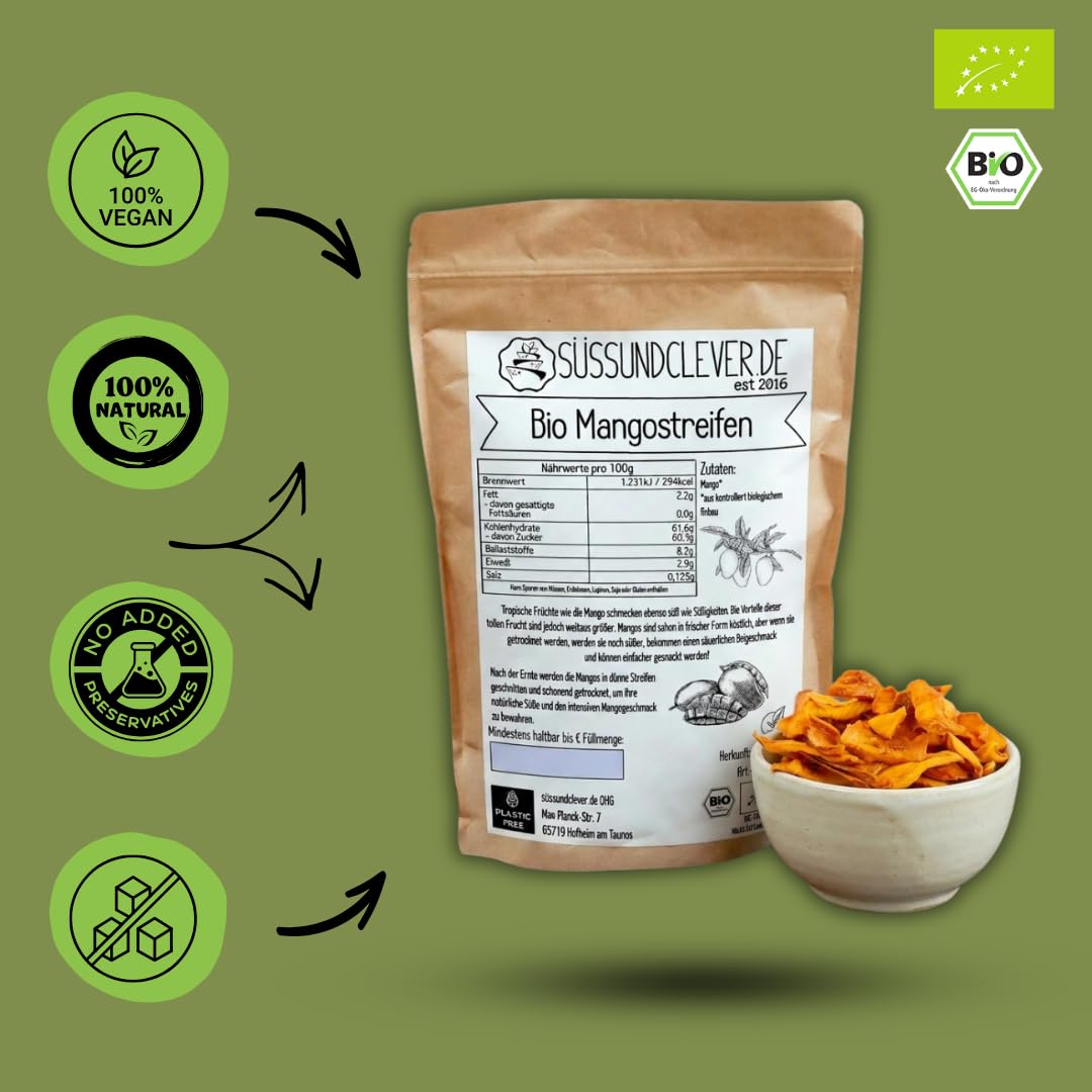 süssundclever.de® | Bio Mango, getrocknet | 1,0 kg | Mangostreifen | Sorte: Brooks | plastikfrei und ökologisch-nachhaltig abgepackt | getrocknete Mango Streifen