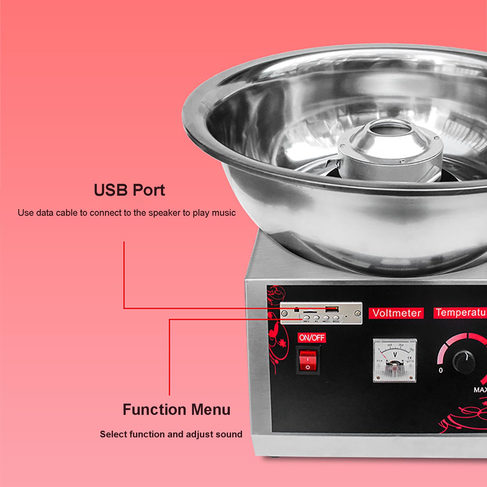 Machine à coton professionnelle 1000 W pour barbe à papa électrique commerciale en acier inoxydable grand espace de rangement avec USB pour salle à manger, fête d'anniversaire, festival