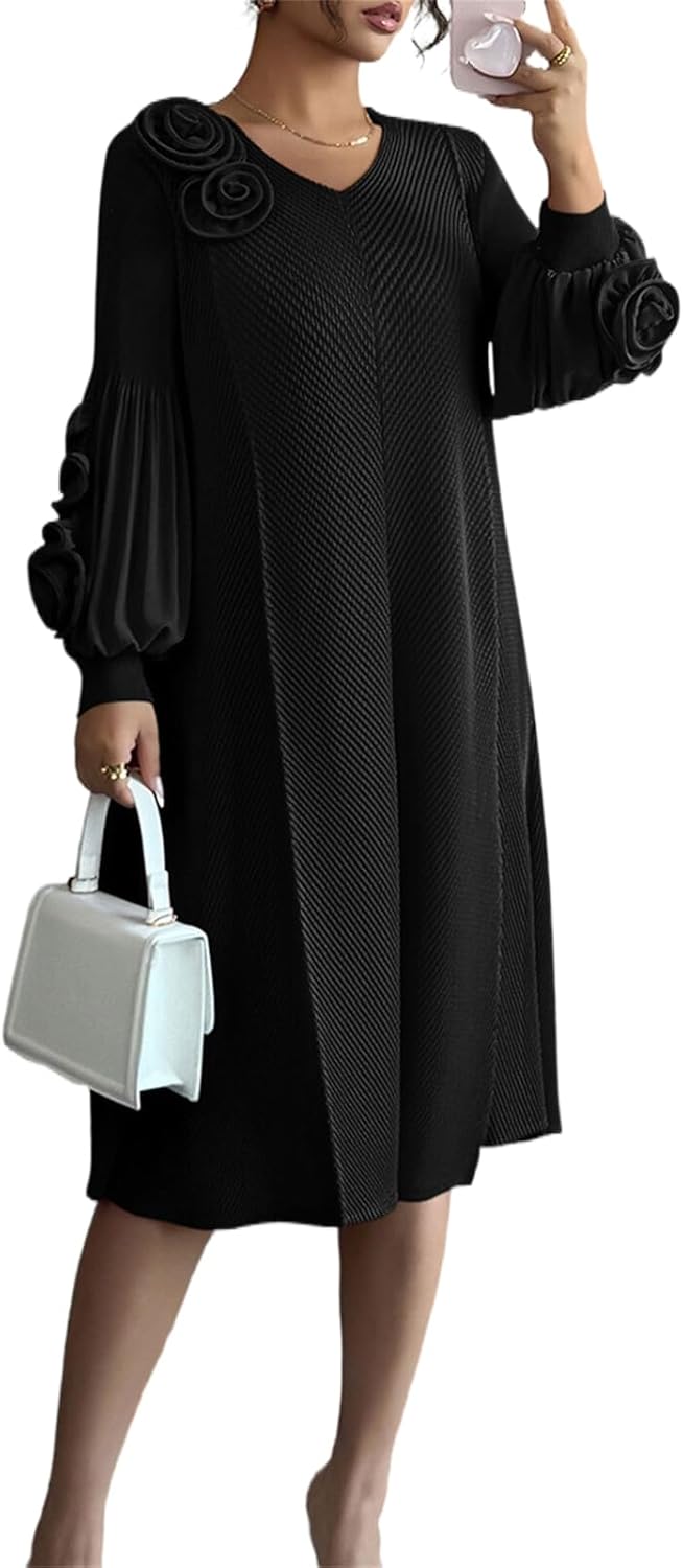 Womens Pleated Midi Dress Casual Loose Long Sleeve High Knit Empire Waist Stretch V Neck Pleat Dress