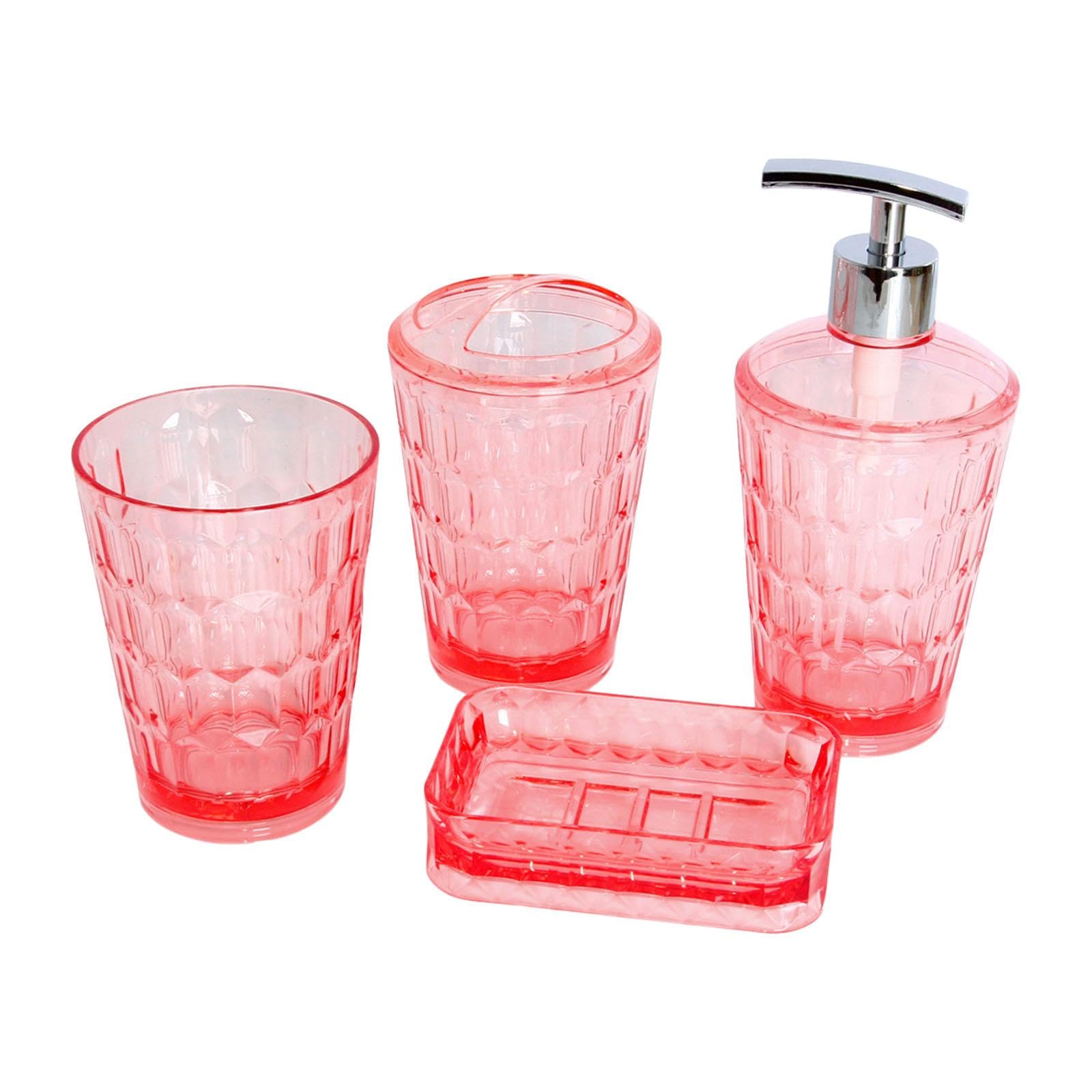 Set de baño rosa con dispensador de loción y vasos de diseño texturizado