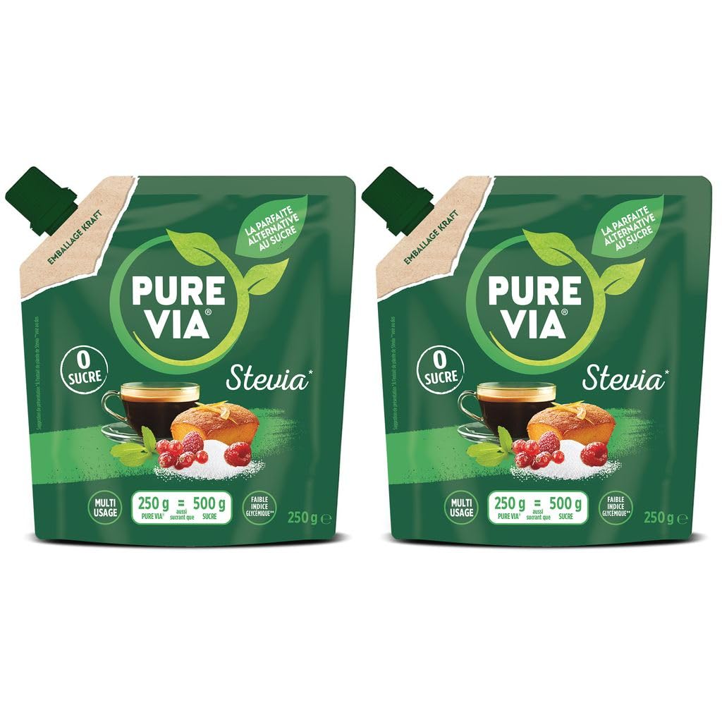 Stevia Pure Via Poudre Cristallisée – Édulcorant Naturel, Lot De 2 Boîtes Neuves