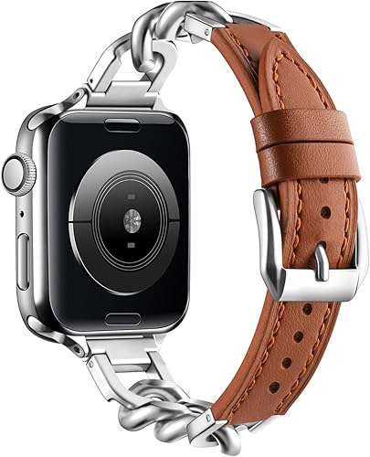 Classic Leather Bracelet Apple Watch Band, with Metal Link, Brown