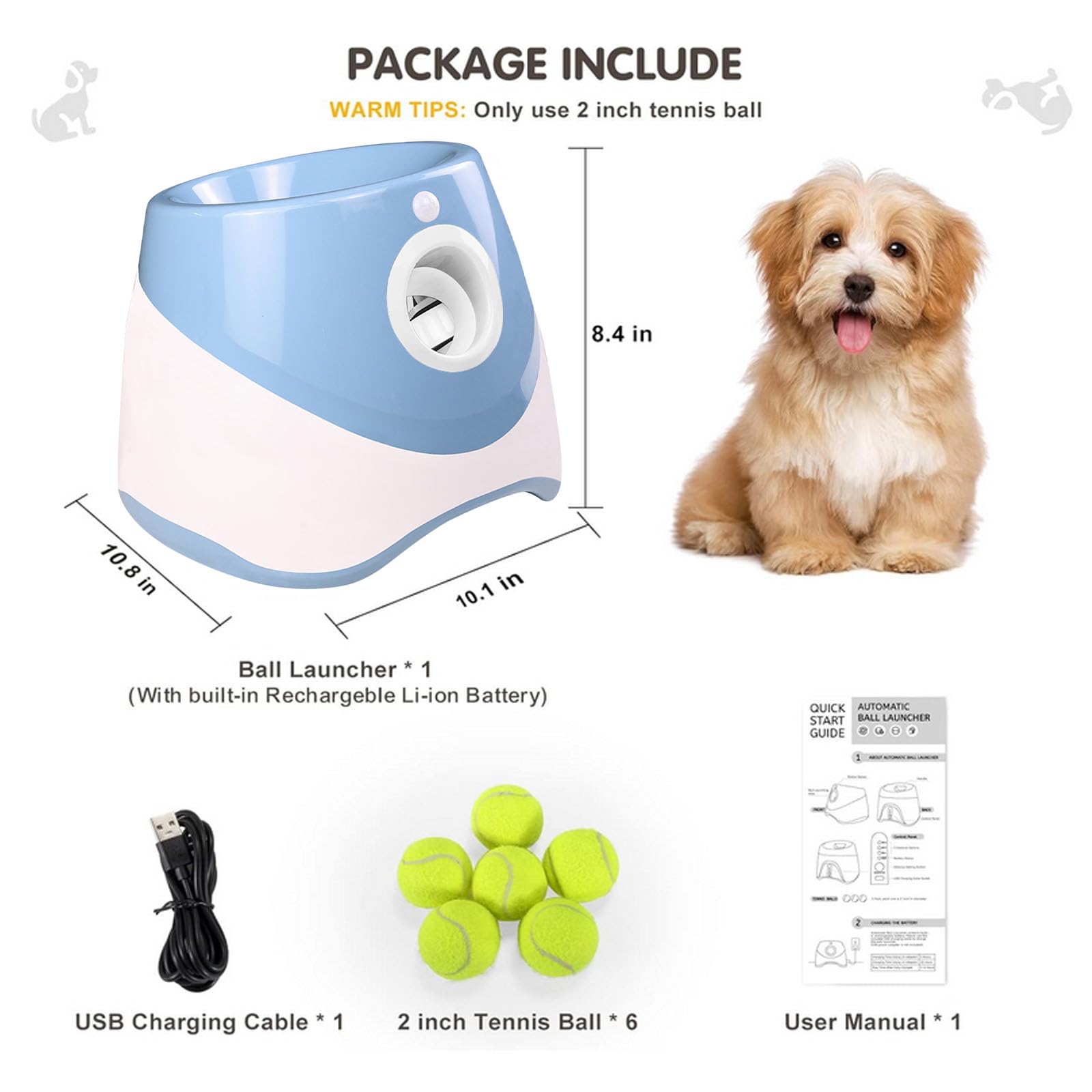 Automatischer Ballwerfer, Ballwurfmaschine Hund mit 6 Pcs 2" Tennisbällen, Kann 10-30ft werfen, Interaktive Ballmaschine für Kleine und Mittlere Hunde