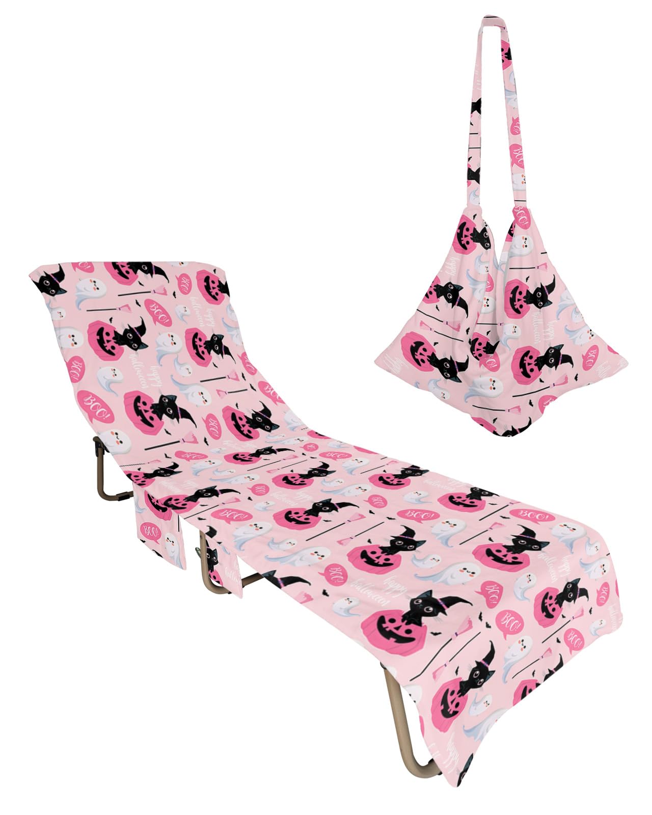 Halloween Beach Chair Towel Covers for Chaise Lounge with Side Pocket, Soft Plush Pool Towels Cover for Patio Sunbathing Outdoor 29''x85'' Cartoon Pink Pumpkins Ghost Cat