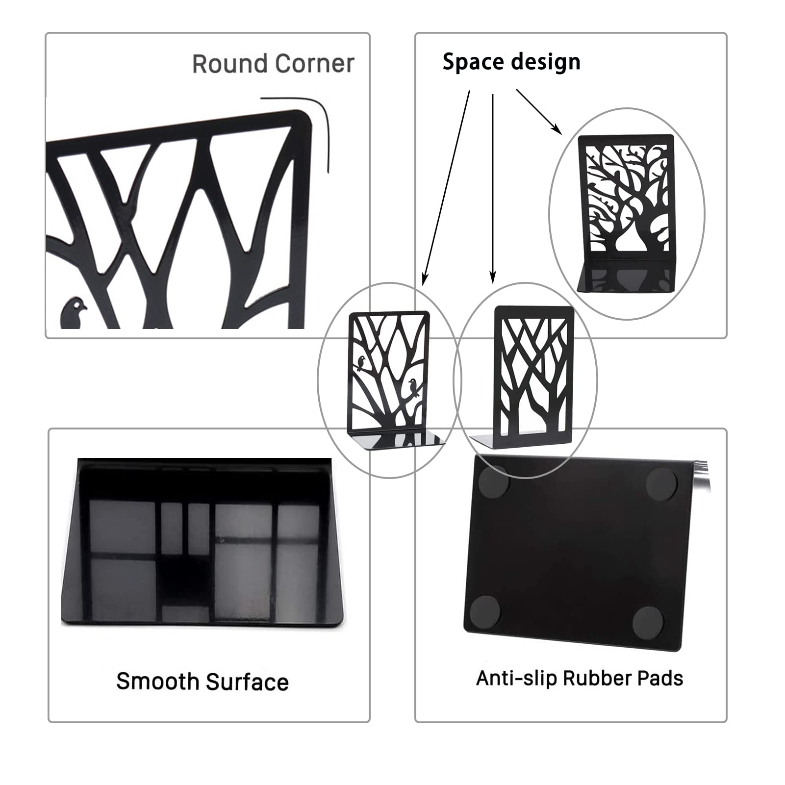 Buchstützen Metall Buchstützen für Regale, Dekorative Buchstützen für Büro Schule Zuhause, Schwarz Heavy Duty Buchstützen Abstrakt Kunst Design Bücherregal, 3 Paar, 6 Stück