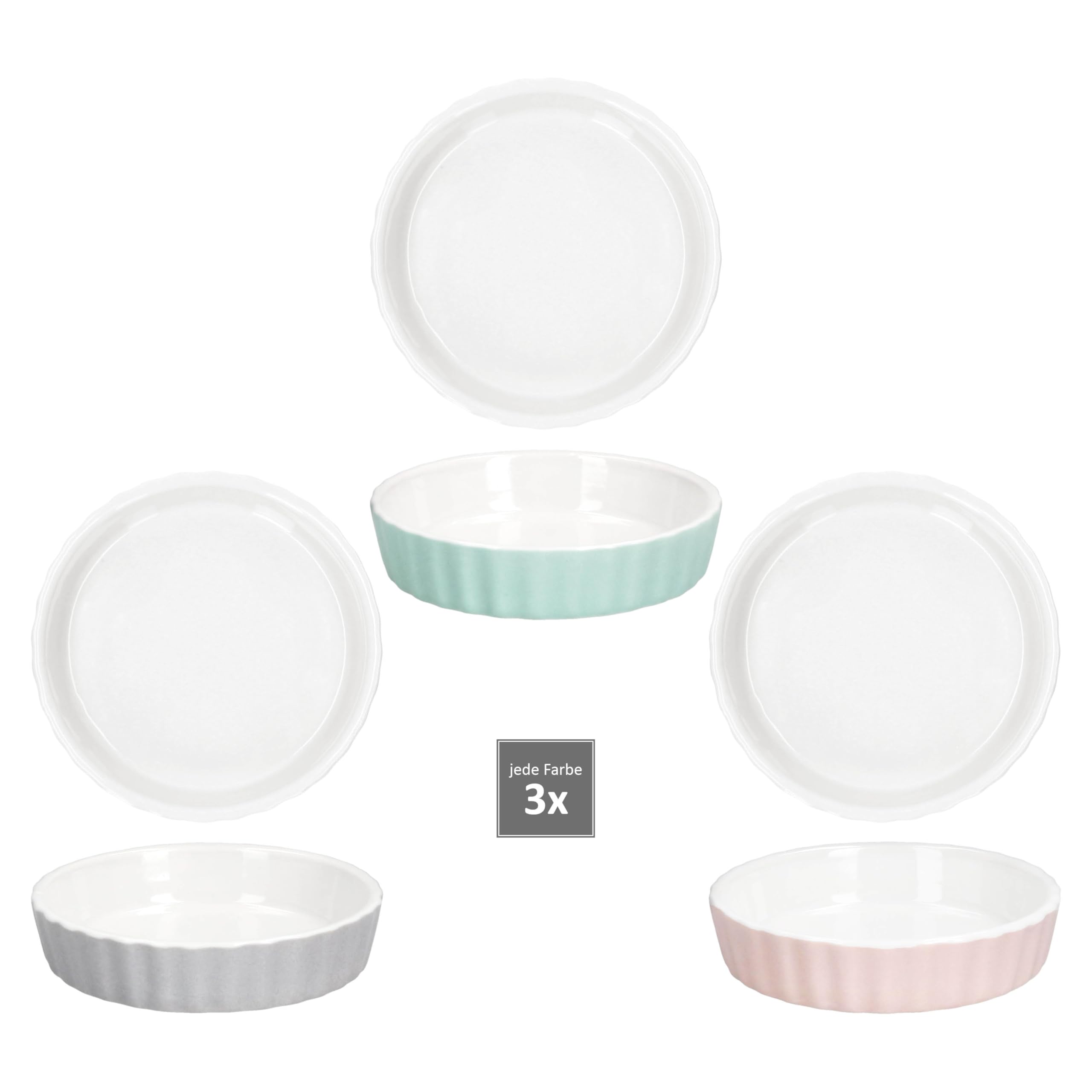 Set di 6 ciotole Emilia Ø 11,5 cm, 140 ml, porcellana, rosa, menta e grigio, mini teglia da forno rotonda, per crème brûlée, soufflé, cupcakes, tiramisu, ecc.
