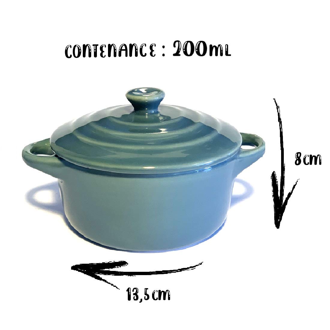 Hobby Tech Lot de 6 Mini Cocottes Grises Céramique Double Poignées avec Couvercle 13,5cm x 8cm Contenance Moule 200ml Ramequin Résistant Haute Température Four pour Petits Plats (Grise, Lot de 6)