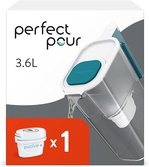 Aqua Optima PP1003 Perfect Pour Water Filter Jug & 1 x 30 Day Evolve+ Filter Cartridge, 3.6 Litre Capacity, for Reduction of Microplastics, Chlorine, Limescale and Impurities, Blue