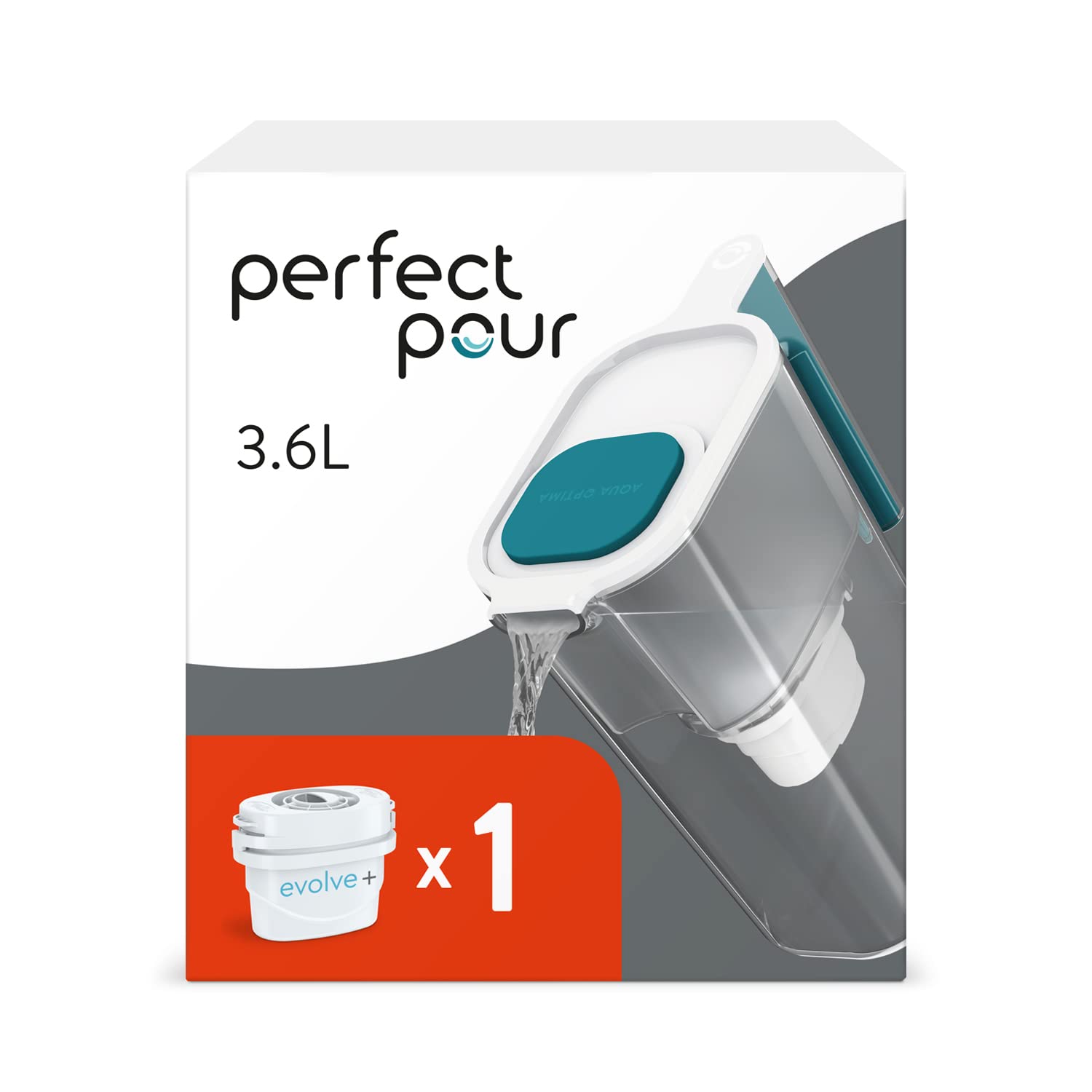 Aqua Optima Dzbanek filtrujący do wody i 1 wkład filtrujący Evolve+, Perfect Pour XL pojemność 3,6 l, do redukcji mikroplastiku, chloru, kamienia i zanieczyszczeń