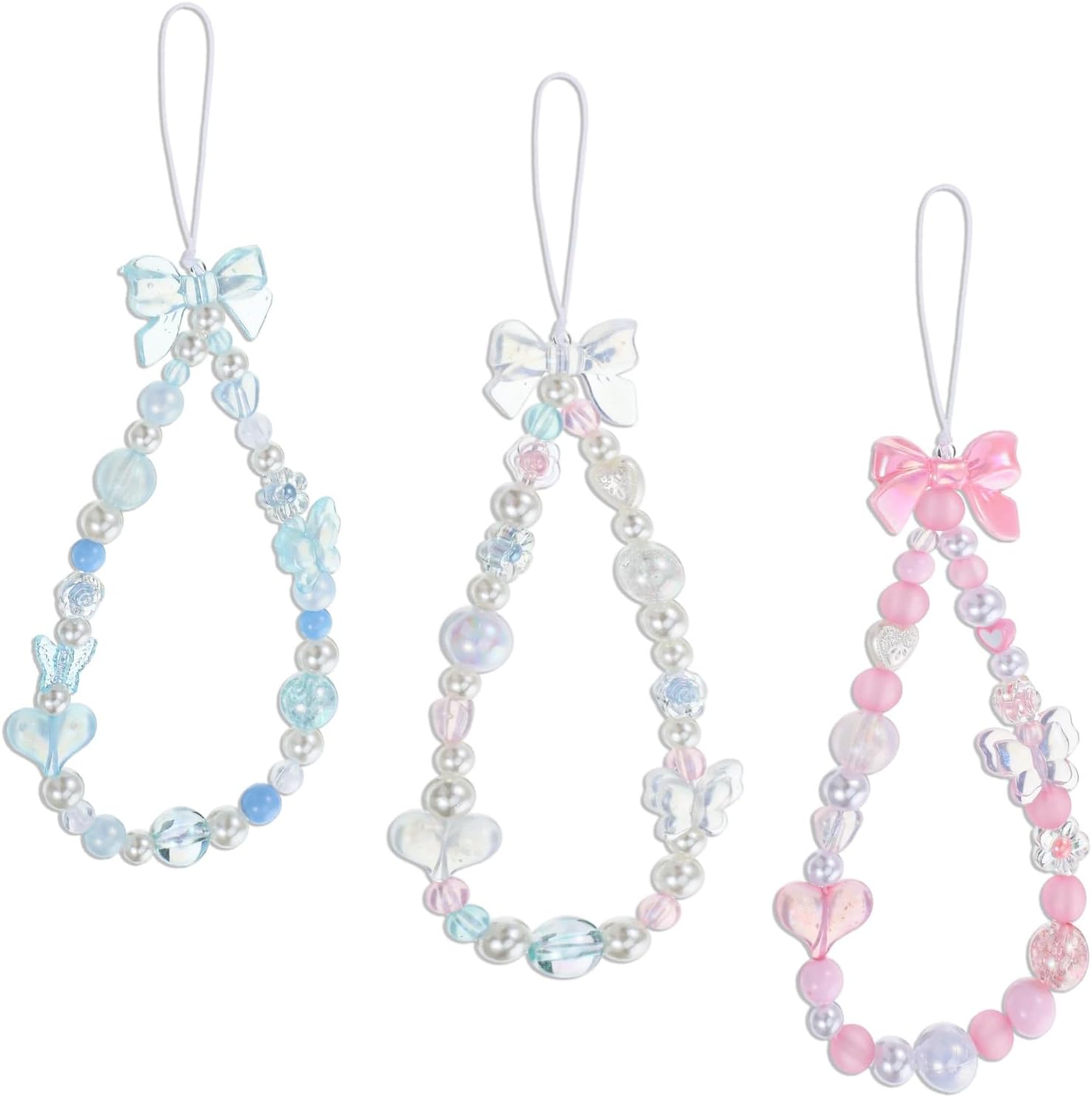 Beaded Phone Charm Lanyard Wrist Strap Cute Bow Butterfly Love Heart Flower Beaded Charm Phone Bracelet Keychain Cellphone Charms Strap for Women, Blue, Pink, White