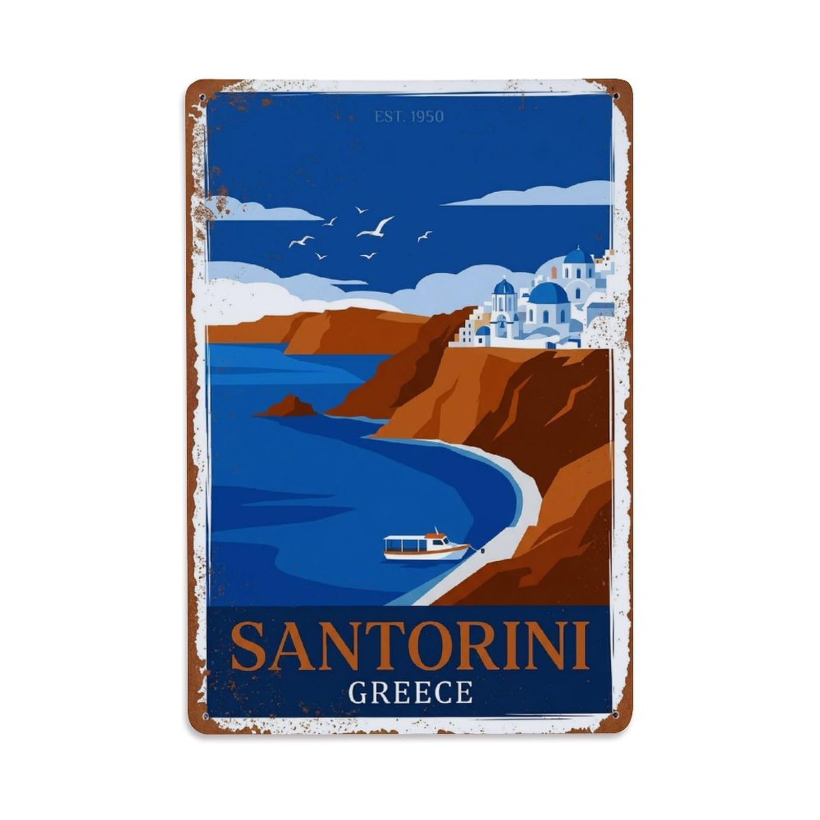 Fyrn Style Metal Tin Sign Vintage Travel Santorini Greece Caldera