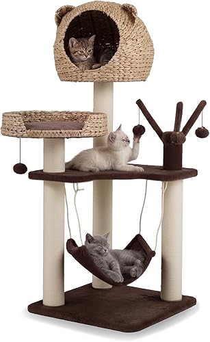 Miniatura 10 de Tangkula Moderna torre de árbol para gatos, centro de actividades alto de varios niveles con postes rascadores de sisal natural, hamaca, hecho a