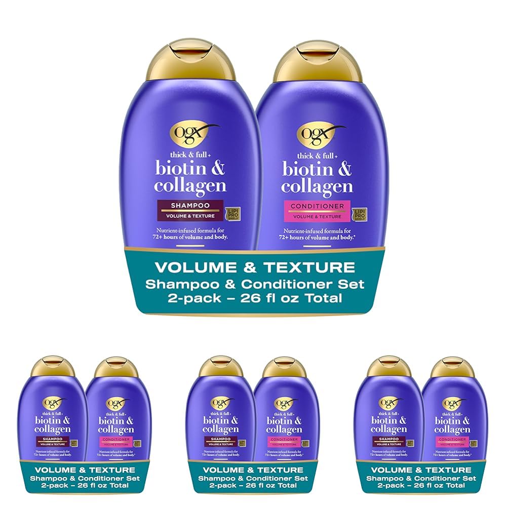 OGX Thick & Full + Biotin and Collagen for Hair Volume & Body, Sulfate Free Volumizing Shampoo & Conditioner Set for Fine & Thinning Hair, Nutrient-Infused, Vitamin B7, 13 fl oz, 8 Pack