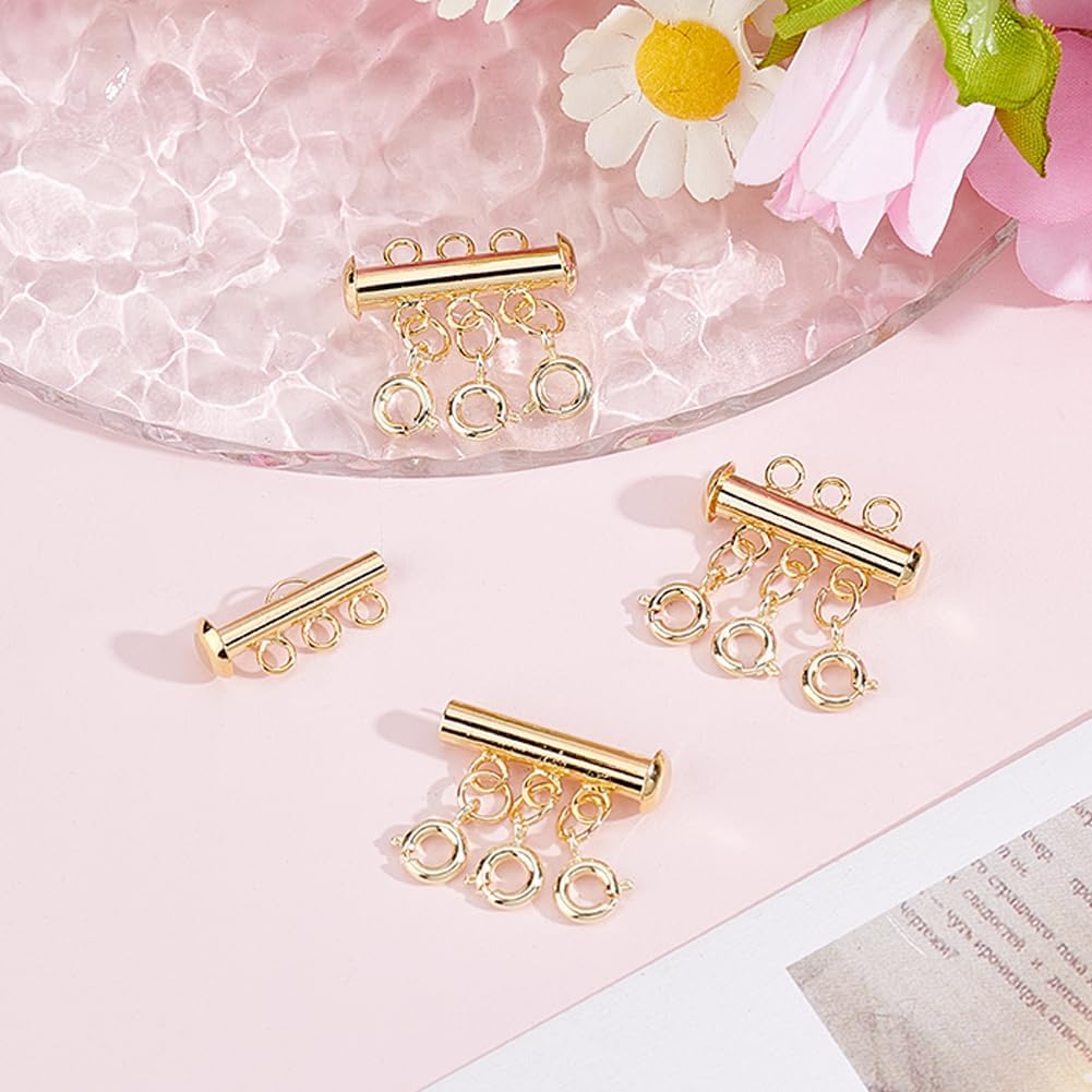 Beebeecraft 3Pcs Necklace Layering Clasps 14K Gold Plated 3 Layered Slide Lock Tube Clasp with Spring Clasps for Multi Strand Bracelet Necklace