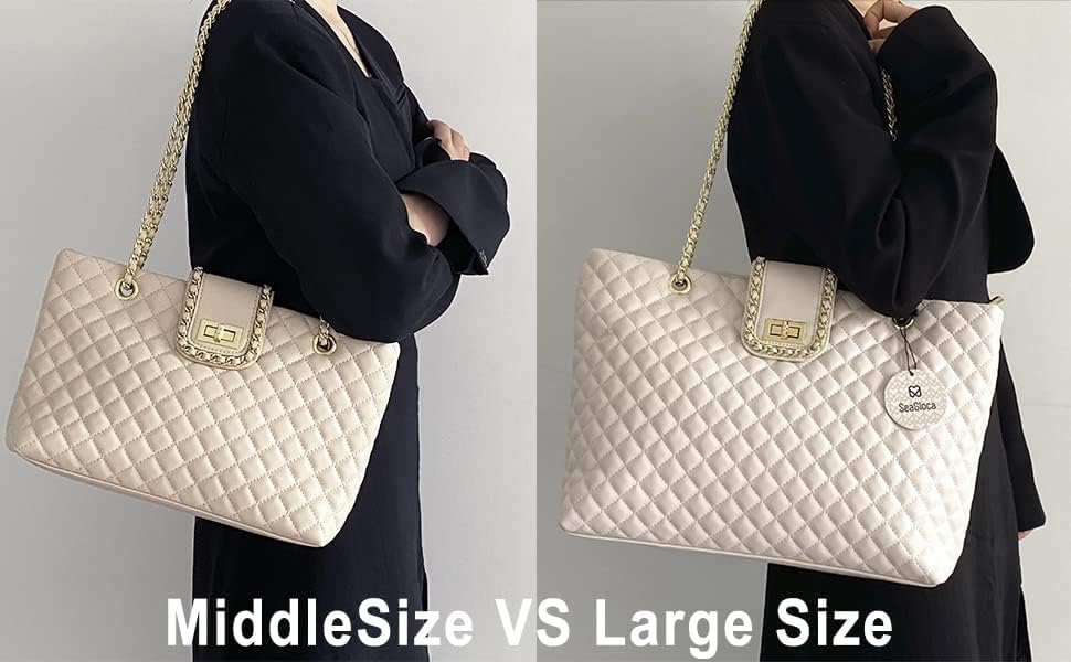 Seagloca 13.4“ Women Quilted Double Strap Shoulder Bag Quilted Hobo Tote Handbag Large Capacity（white） - Image 6