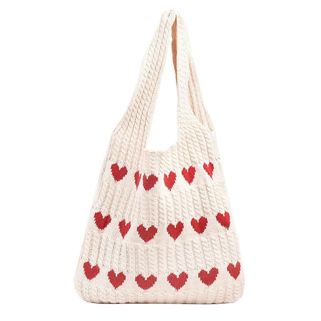 zibuyu Crochet Heart Tote Bag for Women and Girls Y2K Aesthetic Knit Bag with Plush Charm Soft Spacious Hippie Beach Bag Cream with Red Hearts Ideal for Work School and Casual-picture-24