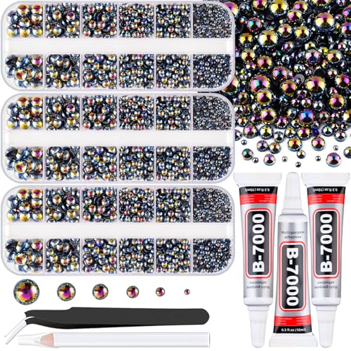 Image of Flatback Pearls for Crafting with 3Pcs 10ml B7000 Jewelry Glue, 3 Boxes of Half Round Black AB Pearls, Bedazzling Beads for DIY Crafts Clothing Tumblers Shoes Embellishment Nail Art