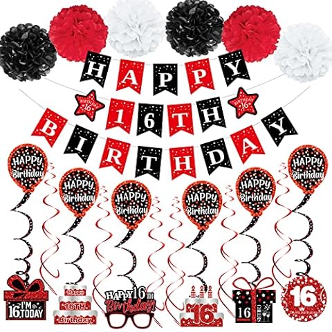 16th Birthday Decorations for Boys Girls, Red Happy 16th Birthday Banner Party Decorations, Sixteen Birthday Decor Supplies Double-Sided Card Pompoms Hanging Swirl for 16 Years Teenagers Gifts 45pcs Cover